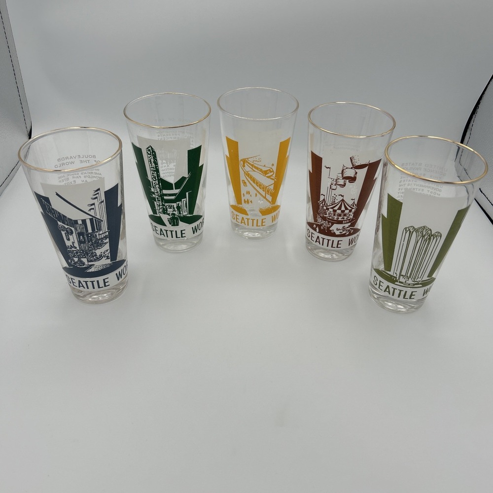 Vintage 1962 Seattle Worlds Fair Clear Glasses Libbey Lot of 5 Gold Rim